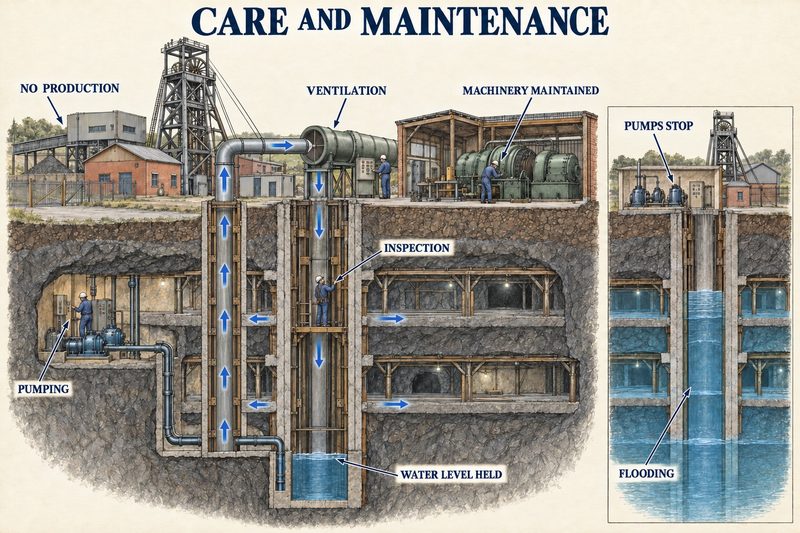 A closed mine kept pumped, ventilated and inspected with its water level held, beside a second view of the same shaft flooded after the pumps stop.