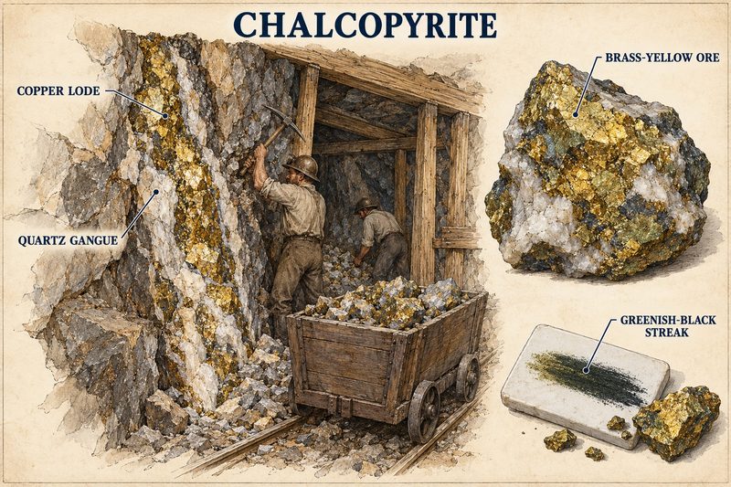 Miners working a copper lode of brass-yellow chalcopyrite in quartz gangue, with a hand specimen and its greenish-black streak.