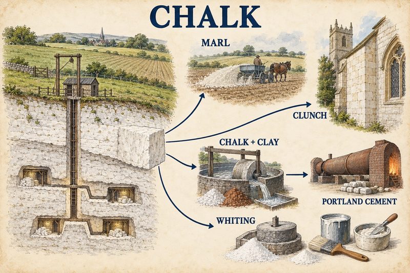 A chalk mine with a shaft and galleries under farmland, a block of chalk, marl spread on a field, a clunch church wall, chalk and clay ground for Portland cement and whiting for paint.
