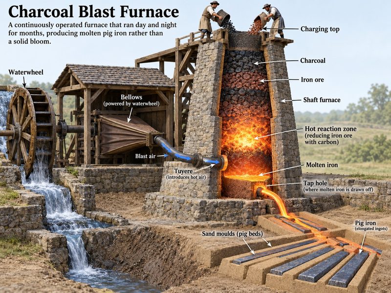 Cutaway of a stone charcoal blast furnace, a waterwheel driving its bellows and molten iron running from the tap hole into sand moulds.