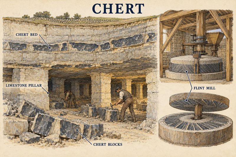 Chert blocks cut from a bed in limestone between limestone pillars, and a flint mill pan paved and fitted with chert runners.