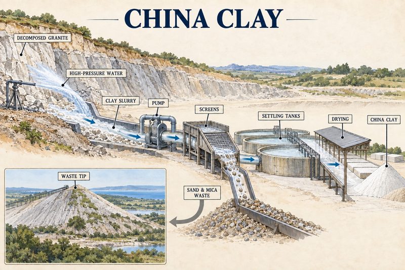 Diagram of a china clay pit where water jets break down the granite face and the slurry is pumped, screened, settled and dried, with sand and mica going to the waste tip.