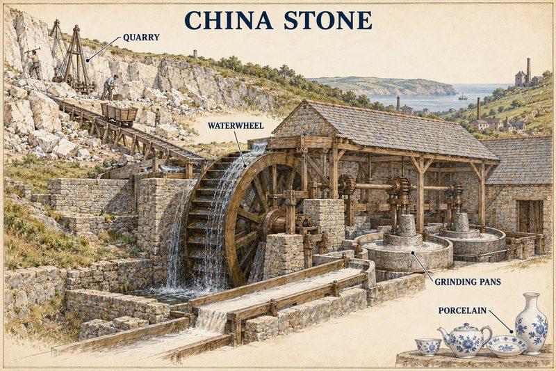 China stone quarried above a valley mill, where a waterwheel drives grinding pans, with finished porcelain beside them.