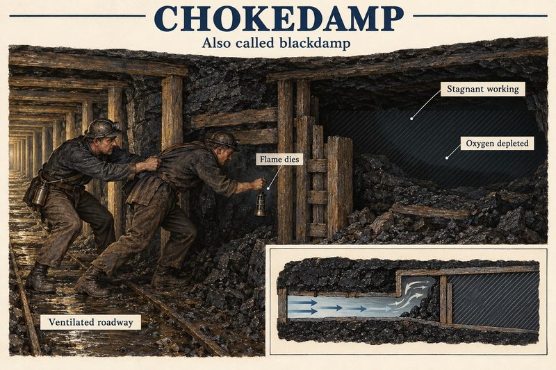 Two miners pull back from an unventilated working where a lamp flame dies in oxygen-depleted air, with an inset of fresh air bypassing the dead end.