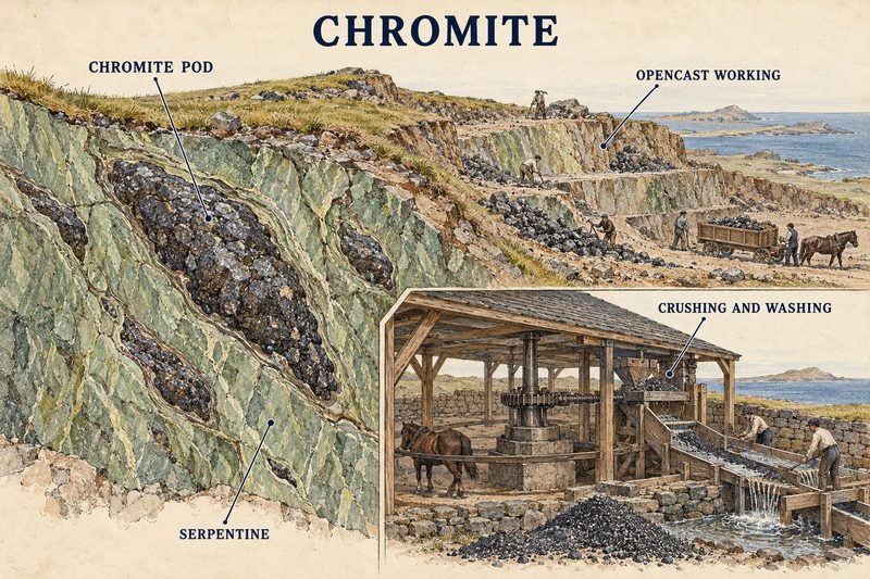 Dark chromite pods in green serpentine, opencast workings on a coast, and a horse-powered mill crushing and washing the ore.