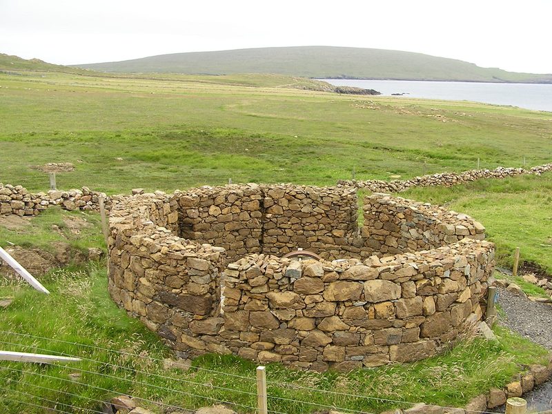 The restored horse-powered chromite crushing mill at Hagdale, Unst — the last surviving example of its kind in Britain.