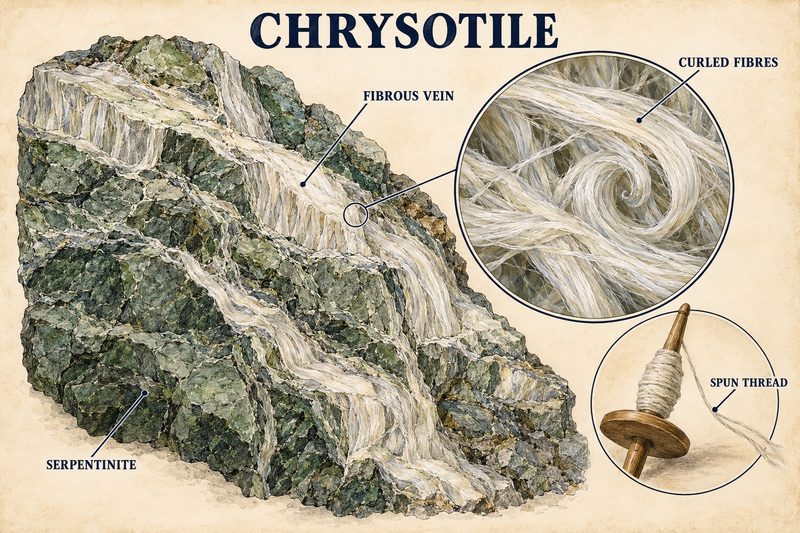White fibrous chrysotile veins in green serpentinite, a close view of its curled fibres, and the fibre spun into thread on a spindle.