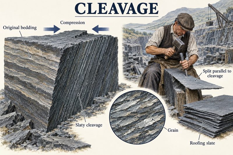 A block of slate with cleavage planes cutting across the original bedding, beside a slate splitter opening a block into roofing slates along the cleavage.