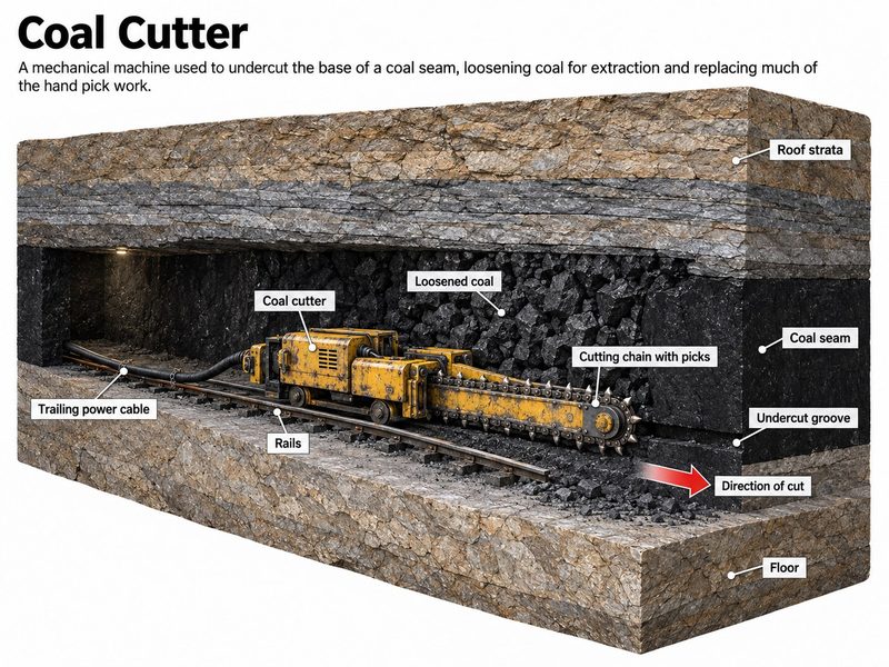 Cutaway of a chain coal cutter on rails cutting an undercut groove along the base of a coal seam.