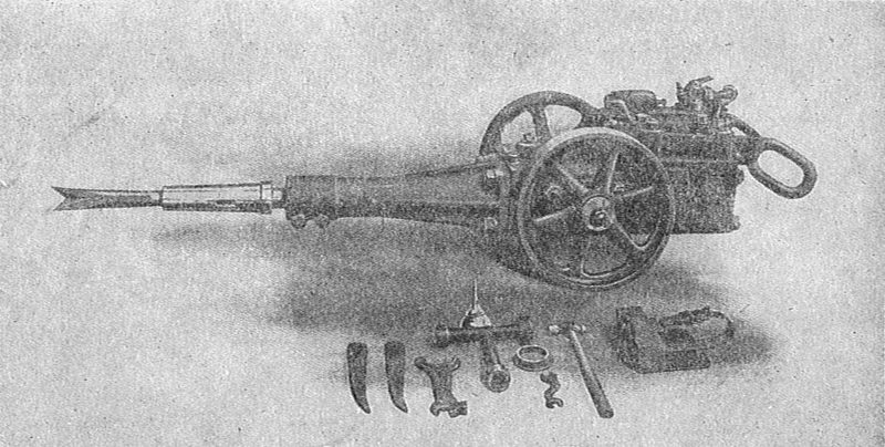 A technical illustration of an Ingersoll-Sergeant coal cutter, from Rankin Kennedy's 'The Book of Modern Engines and Power Generators', 1912.