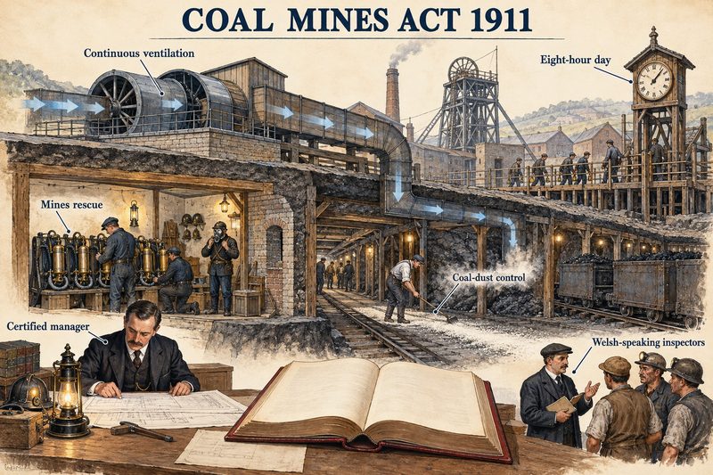 A colliery showing continuous ventilation, a mines rescue room, a certified manager at his plans, coal-dust control, an eight-hour day clock and an inspector talking to miners.