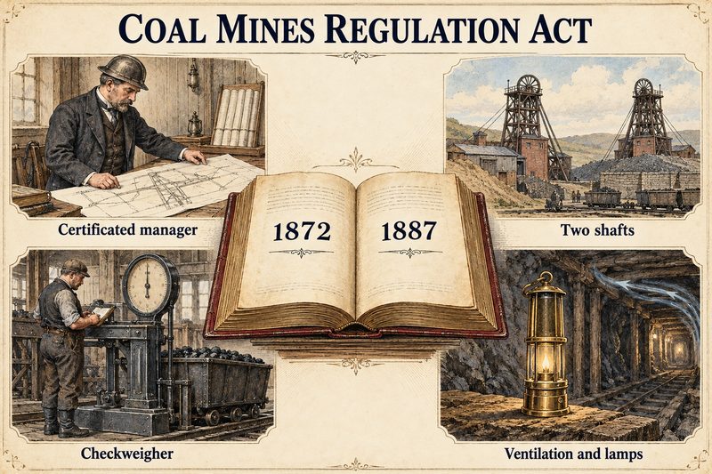 The 1872 and 1887 Acts as an open book, framed by a certificated manager, two shafts, a check weigher at the scales and a safety lamp.
