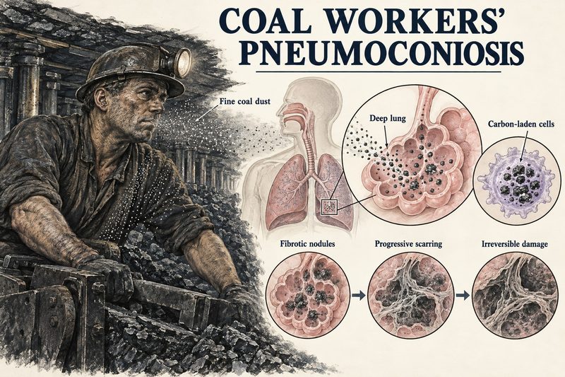 A miner breathing coal dust beside drawings of dust settling in the lung's air sacs and nodules developing into progressive, irreversible scarring.