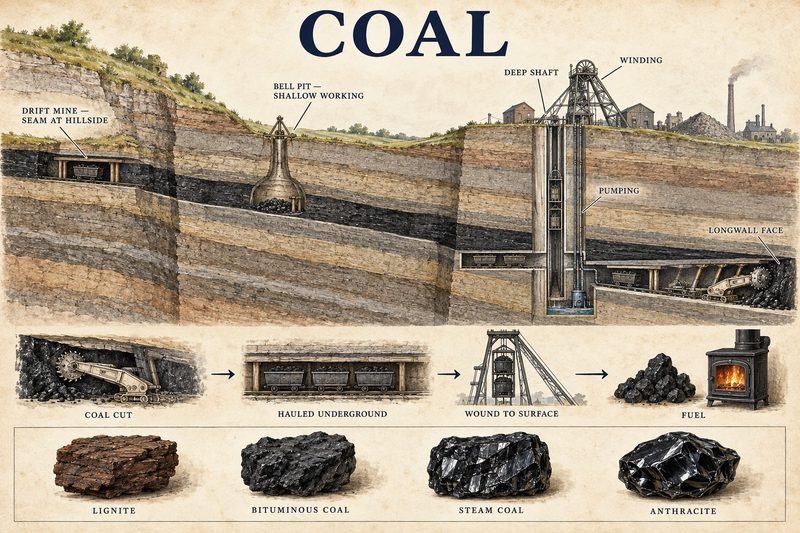 Cutaway of a coalfield showing a hillside drift, a bell pit and a deep shaft with a longwall face, above the ranks from lignite to anthracite.