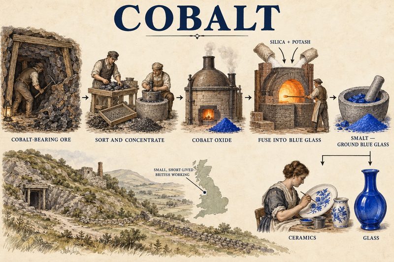 Cobalt ore sorted and roasted to oxide, fused with silica and potash into a blue glass and ground to smalt for colouring ceramics and glass.