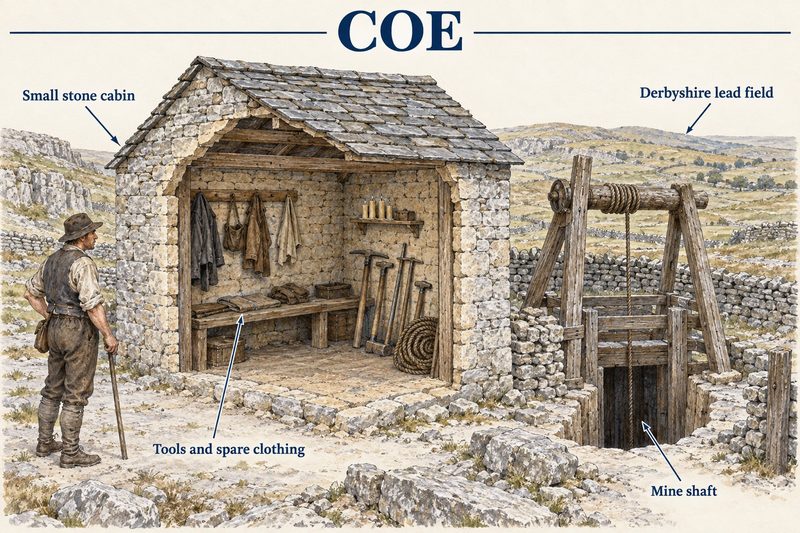 Cutaway diagram of a small stone coe beside a Derbyshire lead-mine shaft, with tools and spare clothing stored inside.
