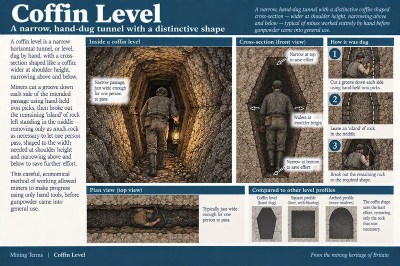 A miner with a lantern in a narrow coffin level, beside a cross-section showing the tunnel widest at shoulder height and narrowing above and below.