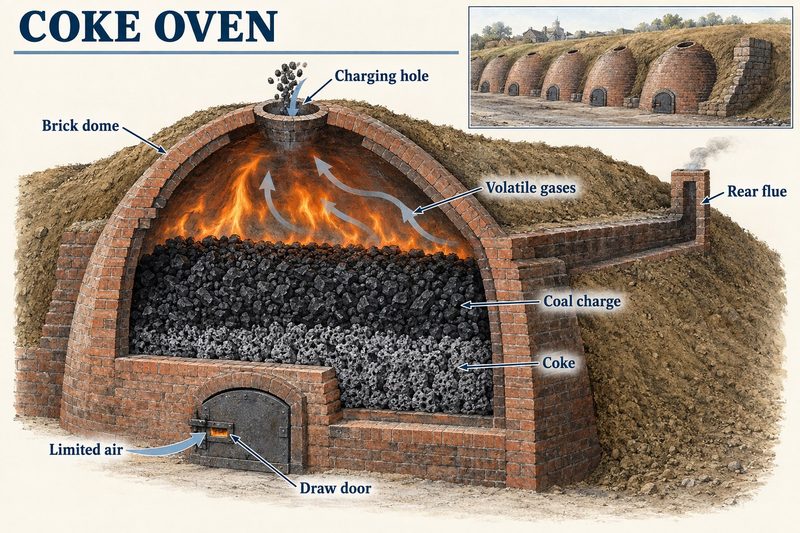 Cutaway of a beehive coke oven banked in earth, coal charged through the crown turning to coke under a door that admits only a little air.