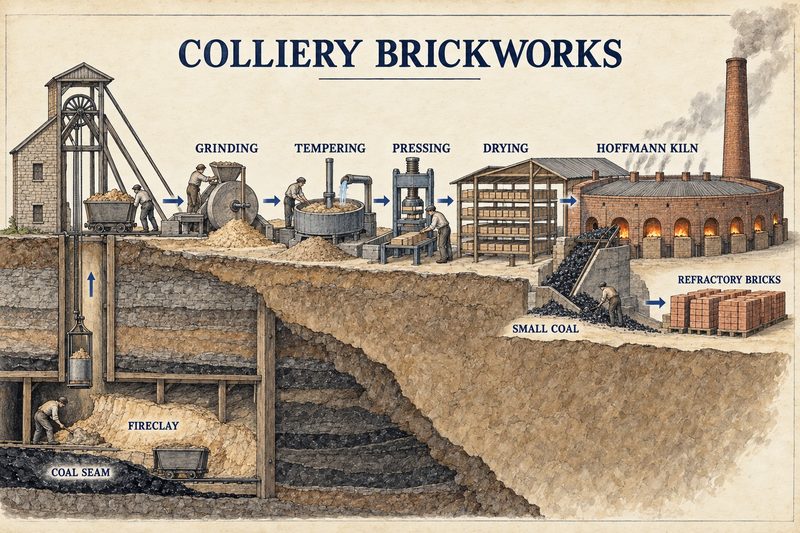 Process diagram showing fireclay raised beside coal, ground, tempered, pressed, dried and fired with small coal in a Hoffmann kiln.
