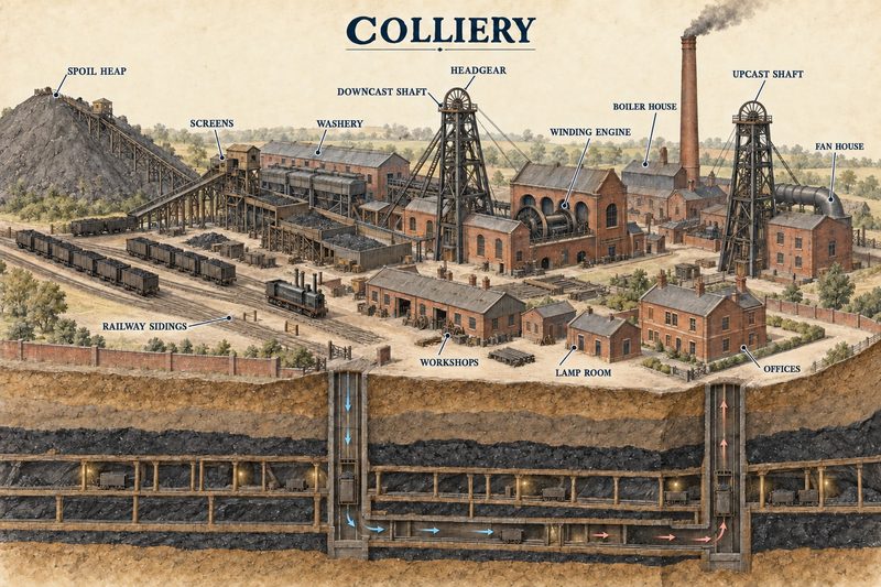 Diagram of a developed British colliery with downcast and upcast shafts, winding and ventilation plant, coal preparation, workshops and railway sidings.