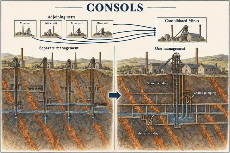Four separate mine setts each with their own shaft and pump, merged into one consolidated mine with shared winding, pumping and connected workings.