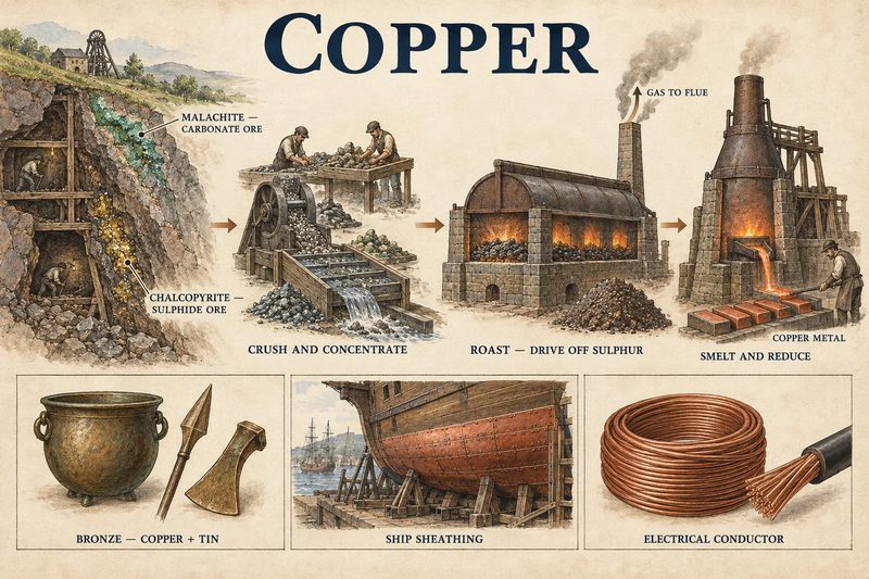Sequence from malachite and chalcopyrite in a hillside mine through crushing, roasting off sulphur and smelting, with bronze, ship sheathing and cable.
