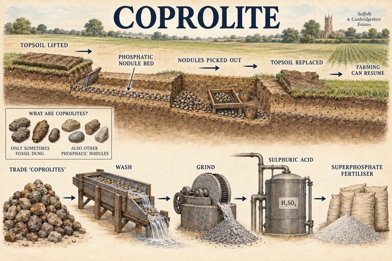 Diagram of a field trench with the topsoil lifted off a phosphatic nodule bed and replaced behind the digging, and the nodules washed, ground and treated with acid to make superphosphate.