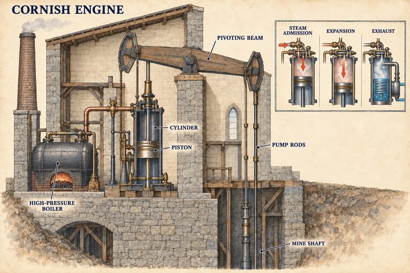 Cutaway diagram of a Cornish pumping engine with high-pressure boiler, cylinder, pivoting beam, pump rods and expansive steam cycle.