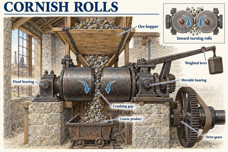 Two heavy iron rolls turning inwards in a crusher house, ore falling between them from a hopper, one roll held by a weighted lever.