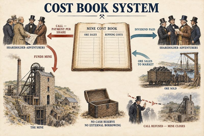 Diagram of shareholder-adventurers funding a Cornish mine by calls per share, the cost book setting ore sales against running costs, a dividend when in profit, and closure when a call is refused.