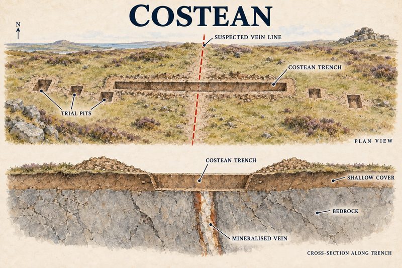 Plan and cross-section of costean trial pits and a trench cut at right angles across a suspected vein line, exposing a mineralised vein in the bedrock below shallow cover.