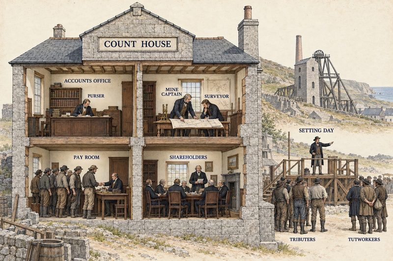 Cutaway diagram of a Cornish mine count house with accounts, management, pay and shareholders' rooms beside an outdoor setting-day auction.