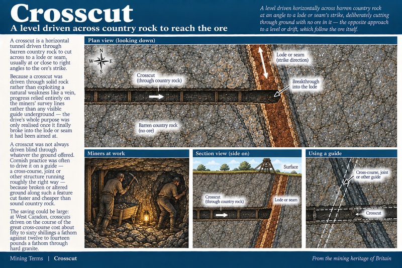 Plan and section of a crosscut driven through grey barren rock to break into a red-brown lode, with miners working the face and headgear at the surface.