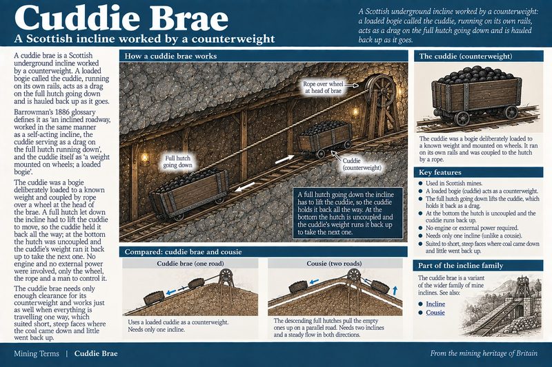 A full hutch running down an underground incline, roped over a wheel at the brae head to a loaded counterweight bogie running back up its own rails.