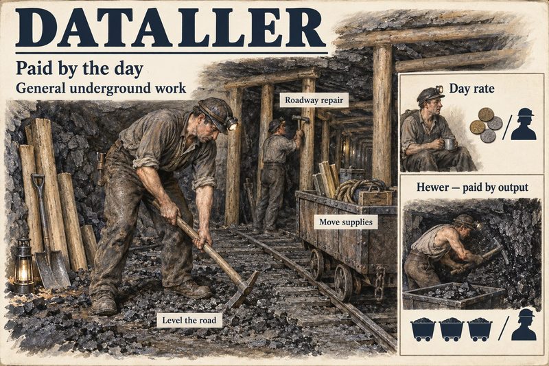 A day-wage man levels a roadway floor while another repairs timber, with insets contrasting a dataller's day rate and a hewer paid by output.