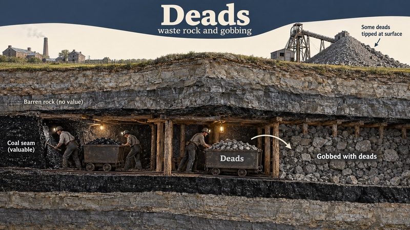 Cutaway of a coal mine with a waste tip at the surface, miners filling tubs at the seam, and a worked-out section packed to the roof with waste stone.