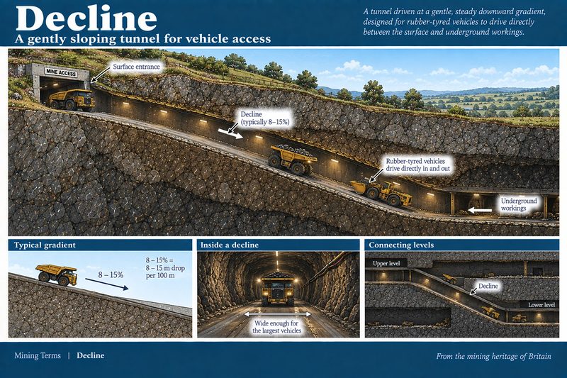 Cutaway of a decline, a haul truck entering a portalled tunnel that falls at a steady eight to fifteen per cent gradient to the underground workings.