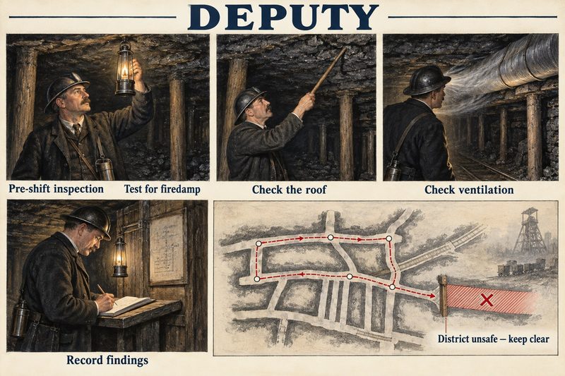 A deputy tests for firedamp, sounds the roof, checks the ventilation and records his findings, with a plan of his round and a district fenced off as unsafe.