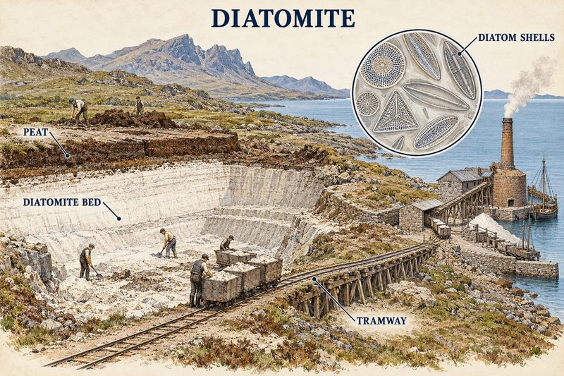 Peat stripped from a white diatomite bed, dug into tubs on a tramway to a coastal works, with a magnified inset of diatom shells.
