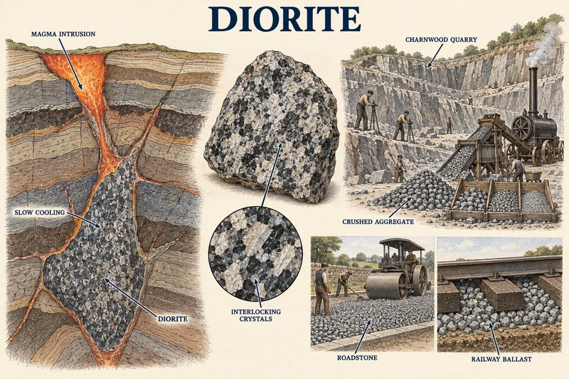 A magma intrusion cooling slowly into diorite with interlocking crystals, a Charnwood quarry with crushers, and the crushed aggregate laid as roadstone and railway ballast.