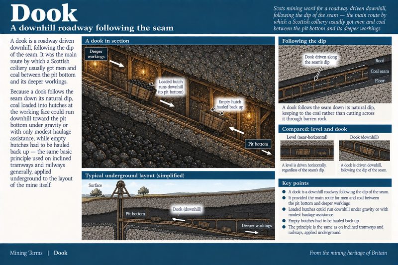 A timbered roadway driven downhill along a coal seam, with a loaded hutch running down towards the pit bottom and an empty one hauled back up.