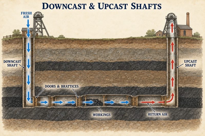 Section through a colliery showing fresh air drawn down the downcast shaft, guided through the workings by doors and brattices, and returning up the upcast shaft.