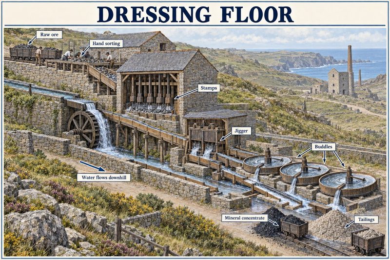 A Cornish dressing floor down a hillside, ore passing from hand sorting through stamps, a jigger and buddles to concentrate and tailings.