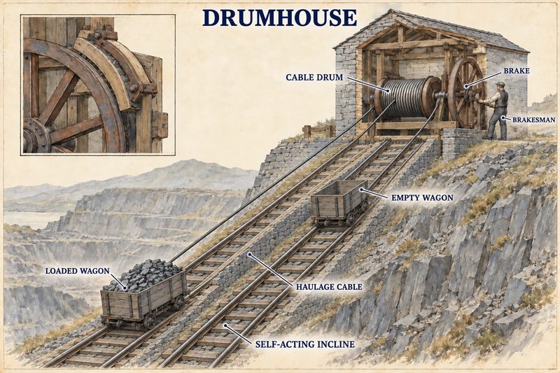 Diagram of a quarry drumhouse controlling loaded and empty wagons on a steep self-acting incline with a cable drum and brake.