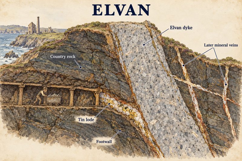 Cross-section of a Cornish cliff with an elvan dyke cutting the country rock, a tin lode along its footwall and later mineral veins crossing both.