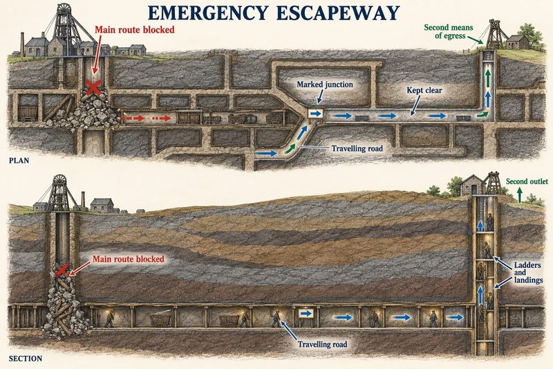 Plan and section of a mine whose main shaft is blocked, with men following a marked travelling road to a second shaft with ladders to the surface.
