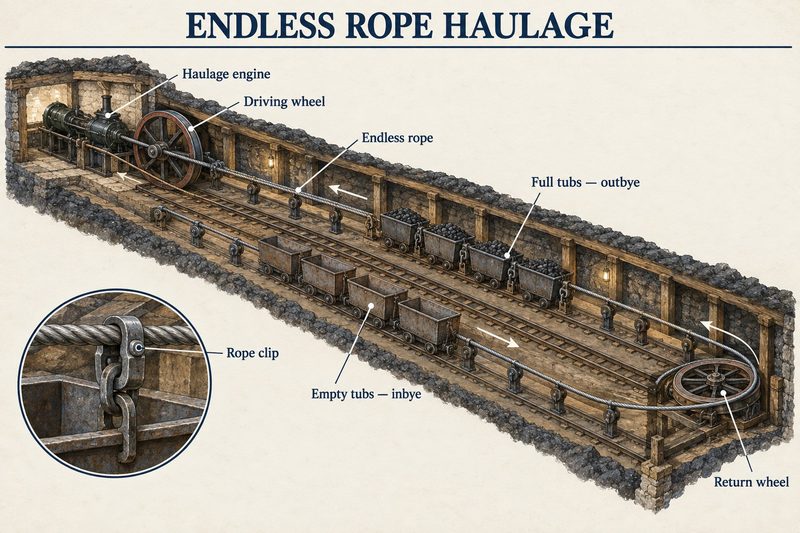 Cutaway of a double-track roadway where a haulage engine drives an endless rope round a return wheel, full tubs going outbye and empties inbye, with a rope-clip inset.