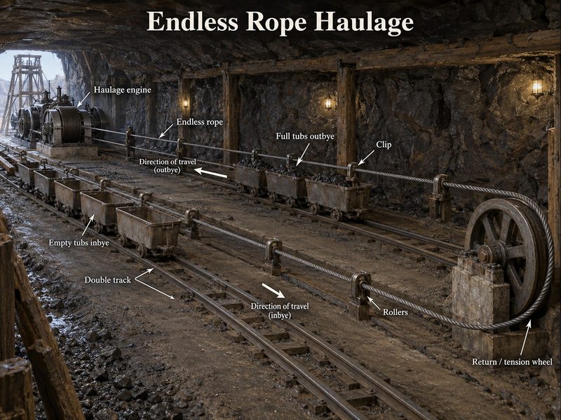 An underground roadway where a continuous wire rope hauls full tubs out on one track and brings empties back on the other.