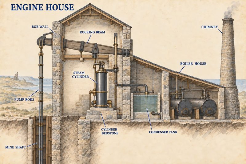 Cutaway diagram of a Cornish engine house showing its steam cylinder, rocking beam, bob wall, condenser, boilers and adjacent mine shaft.