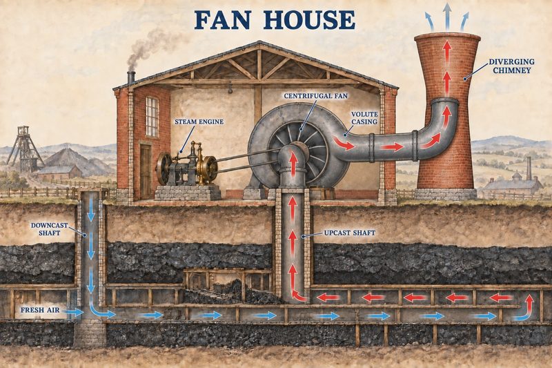 Cutaway diagram of a Guibal fan house drawing stale air through an upcast shaft while fresh air enters the mine through a downcast shaft.